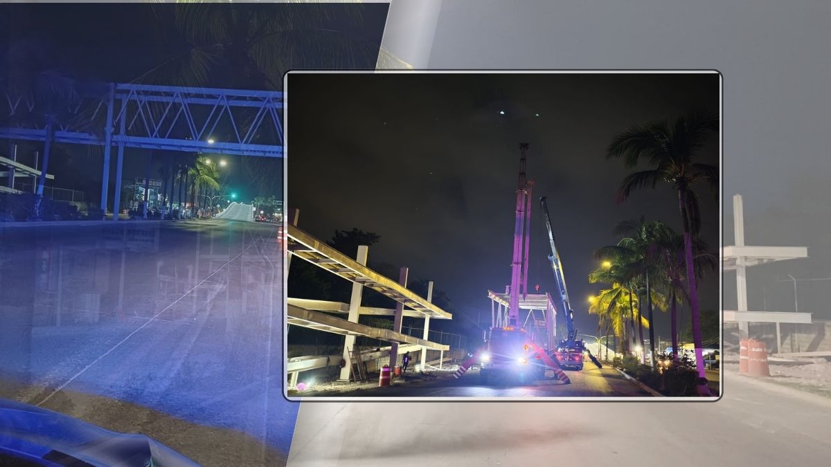 Avanzan con la instalación de secciones del puente peatonal en Las Juntas; aún sin fecha definitiva de finalización