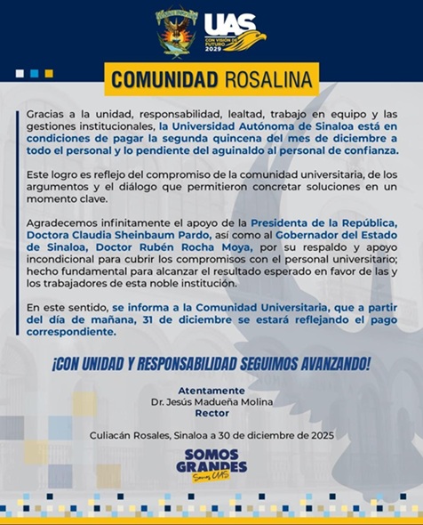 El rector de la UAS informa sobre el pago de aguinaldo y quincena a empleados de confianza