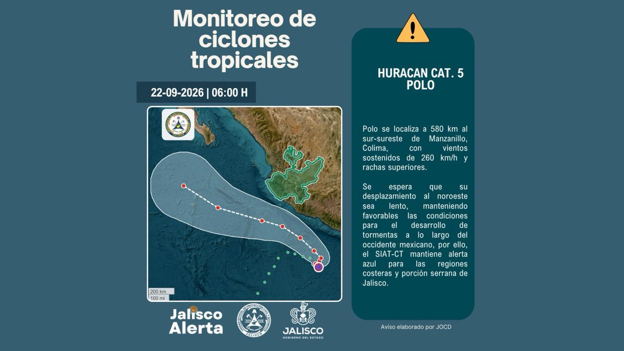 Alerta azul vigente en Puerto Vallarta y 21 municipios de Jalisco por huracán "Polo" de categoría 5